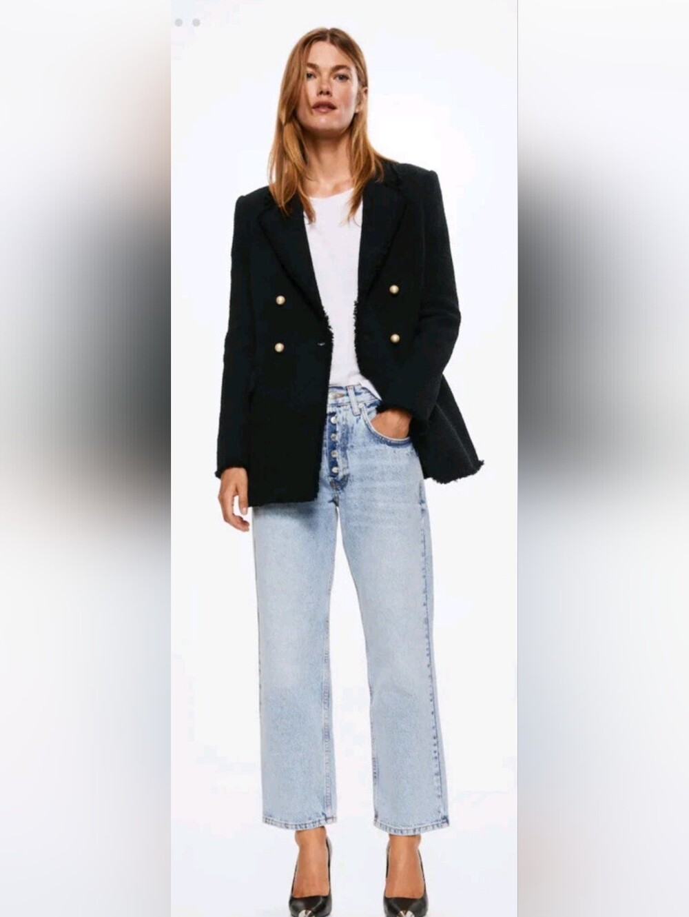 NWT Mango MNG Suit Buttons Tweed Blazer Structured Design Black Size S